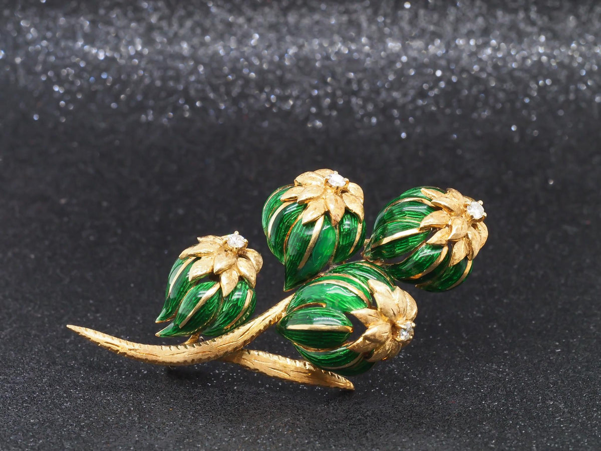 18K Yellow Gold Green Enamel and Diamond Flower Brooch - VHK#249