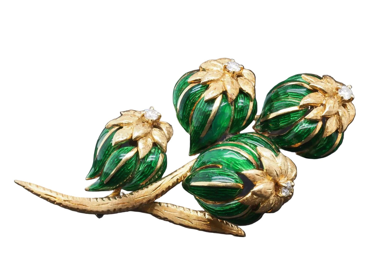 18K Yellow Gold Green Enamel and Diamond Flower Brooch - VHK#249