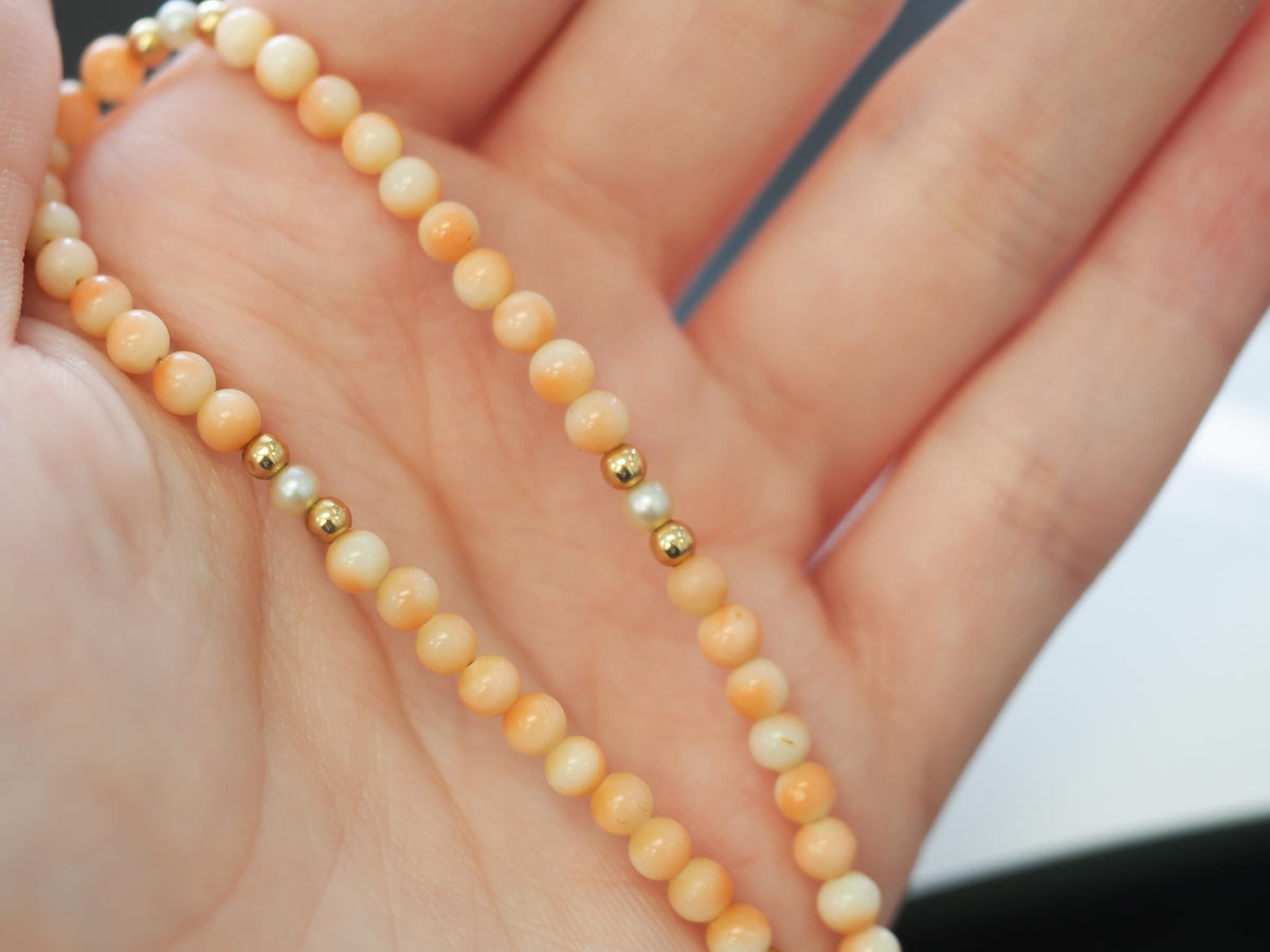 14K Yellow Gold Coral Bead Necklace with 14K Beads and Pearls - VHK#218