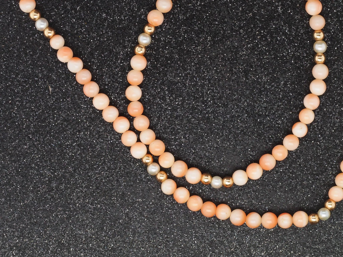 14K Yellow Gold Coral Bead Necklace with 14K Beads and Pearls - VHK#218