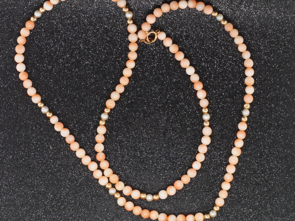 14K Yellow Gold Coral Bead Necklace with 14K Beads and Pearls - VHK#218