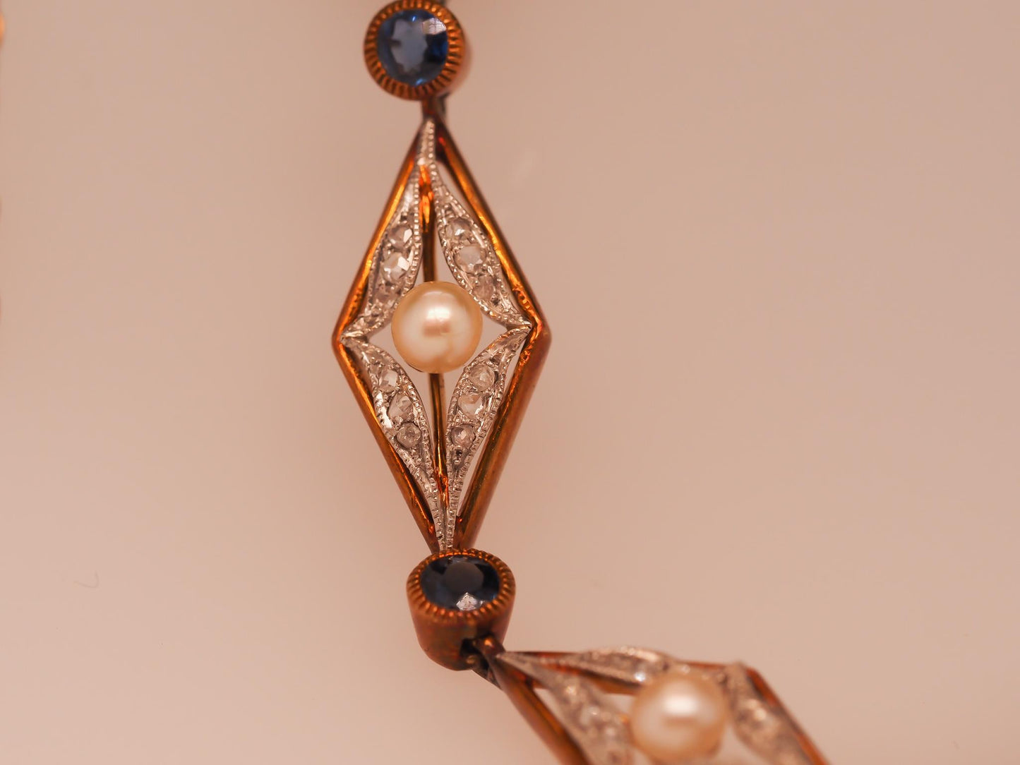 Circa 1910 Edwardian French 18K Yellow Gold Natural Sapphire, Diamond, and Pearl