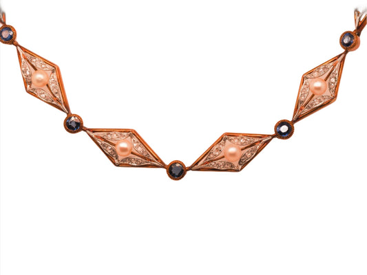 Circa 1910 Edwardian French 18K Yellow Gold Natural Sapphire, Diamond, and Pearl