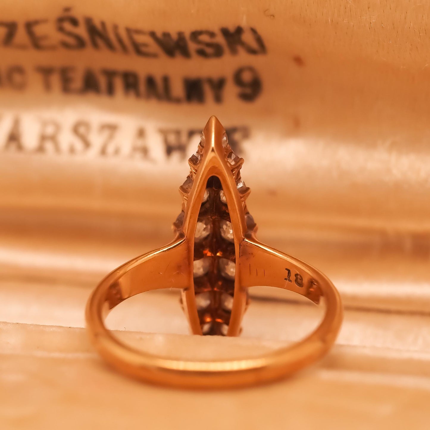 Circa 1900s Edwardian 18K Yellow Gold Navette Ring with Old Mine Diamonds - VHK#