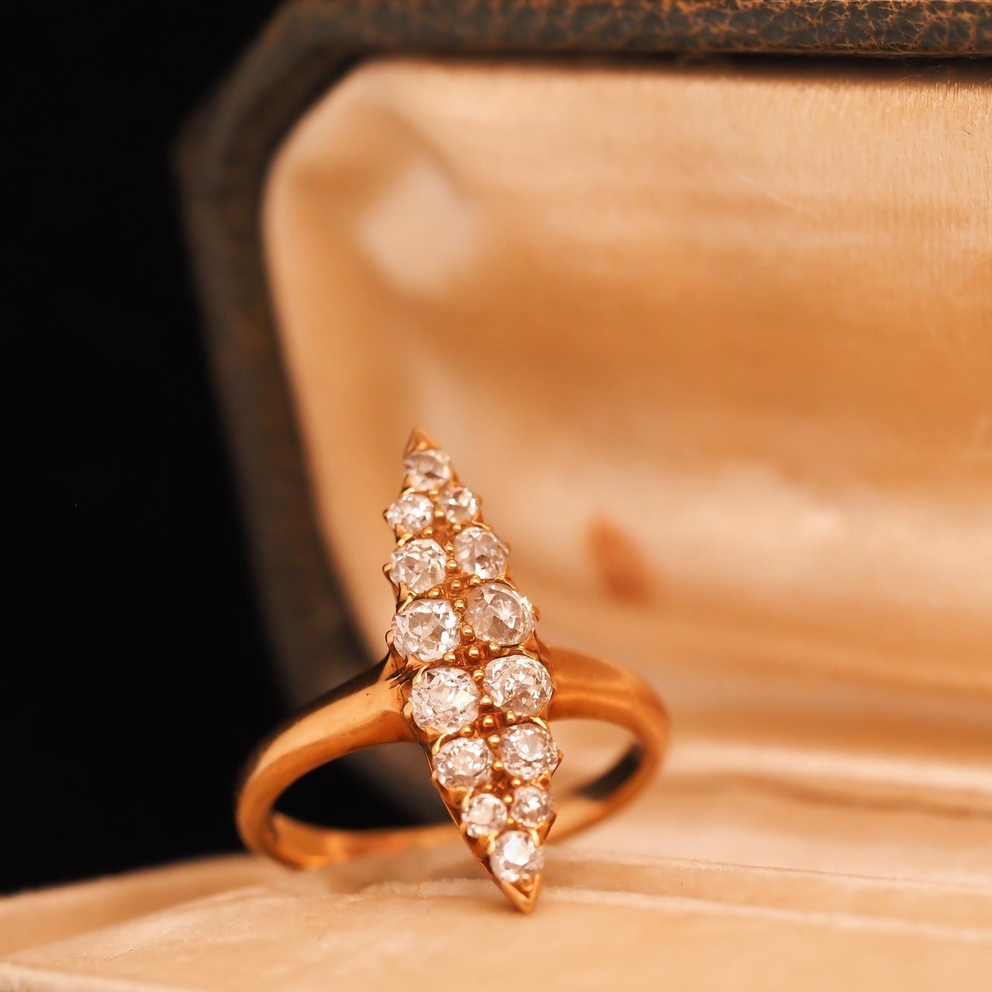 Circa 1900s Edwardian 18K Yellow Gold Navette Ring with Old Mine Diamonds - VHK#
