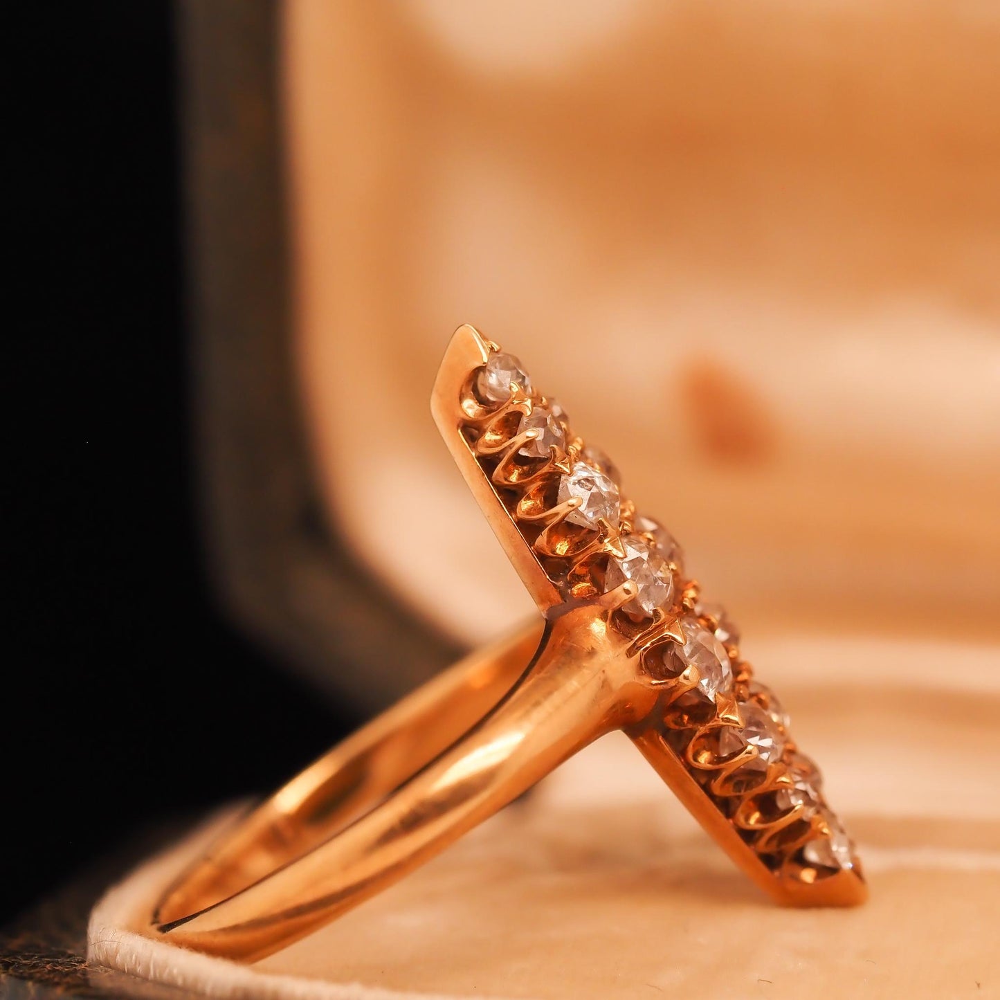 Circa 1900s Edwardian 18K Yellow Gold Navette Ring with Old Mine Diamonds - VHK#