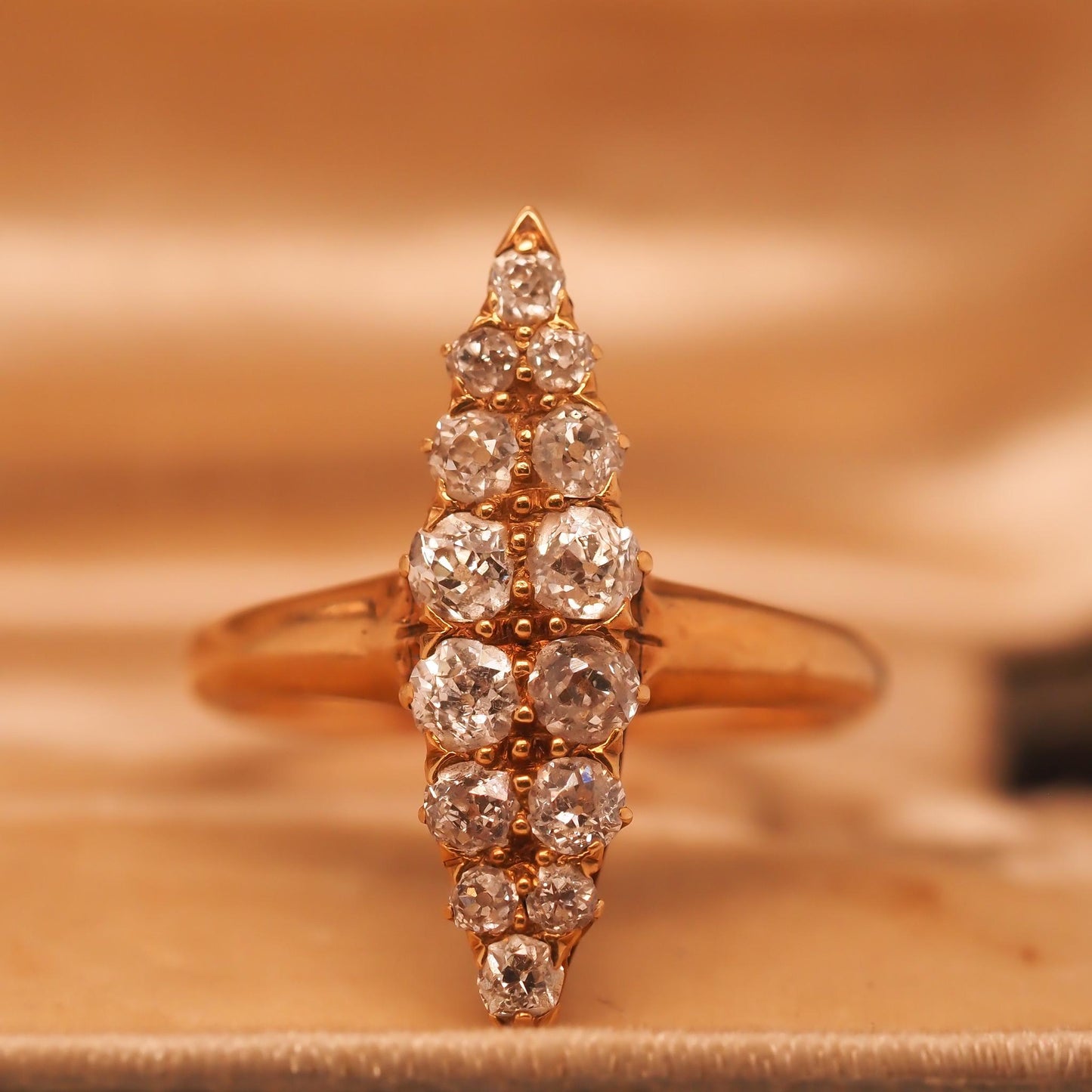 Circa 1900s Edwardian 18K Yellow Gold Navette Ring with Old Mine Diamonds - VHK#