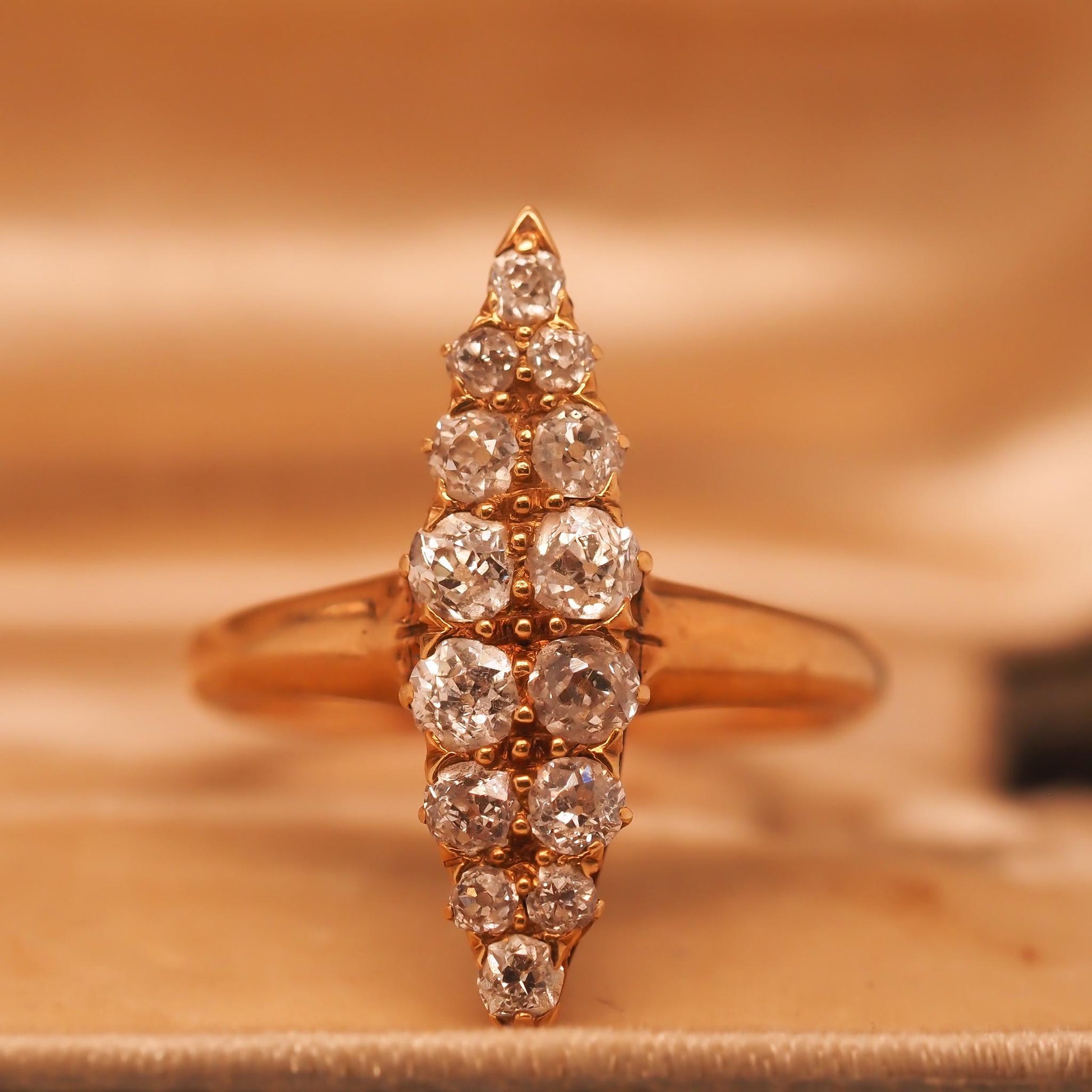 Circa 1900s Edwardian 18K Yellow Gold Navette Ring with Old Mine Diamonds - VHK#