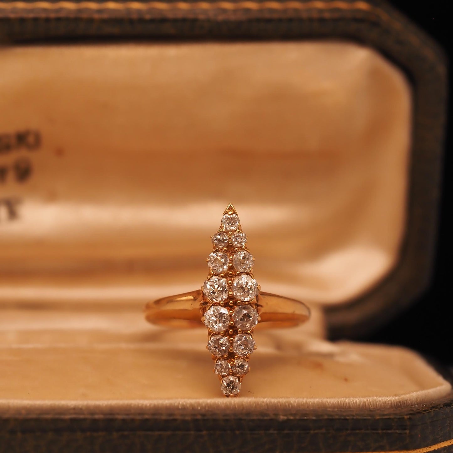 Circa 1900s Edwardian 18K Yellow Gold Navette Ring with Old Mine Diamonds - VHK#