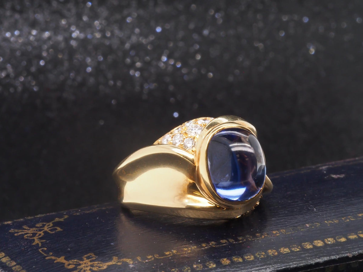 Estate 18K Yellow Gold Tanzanite Sugarloaf Cabochon and Diamond Ring - VHK#336c