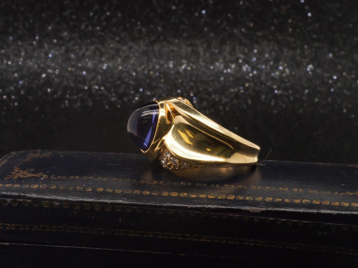 Estate 18K Yellow Gold Tanzanite Sugarloaf Cabochon and Diamond Ring - VHK#336c