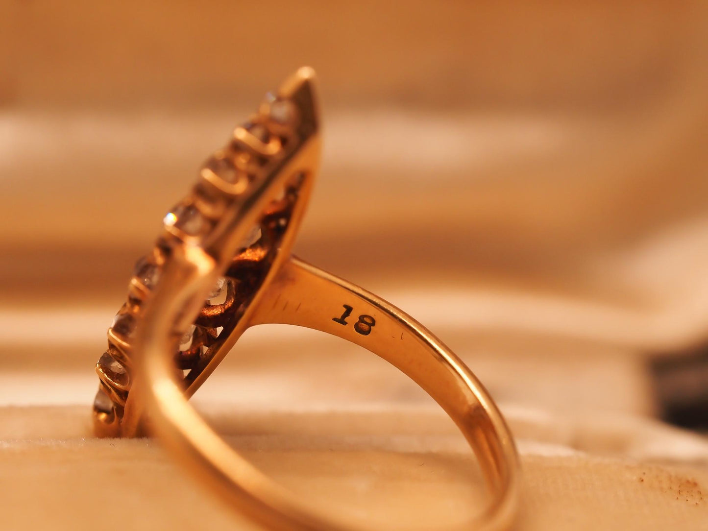 Circa 1900s Edwardian 18K Yellow Gold Navette Ring with Old Mine Diamonds - VHK#