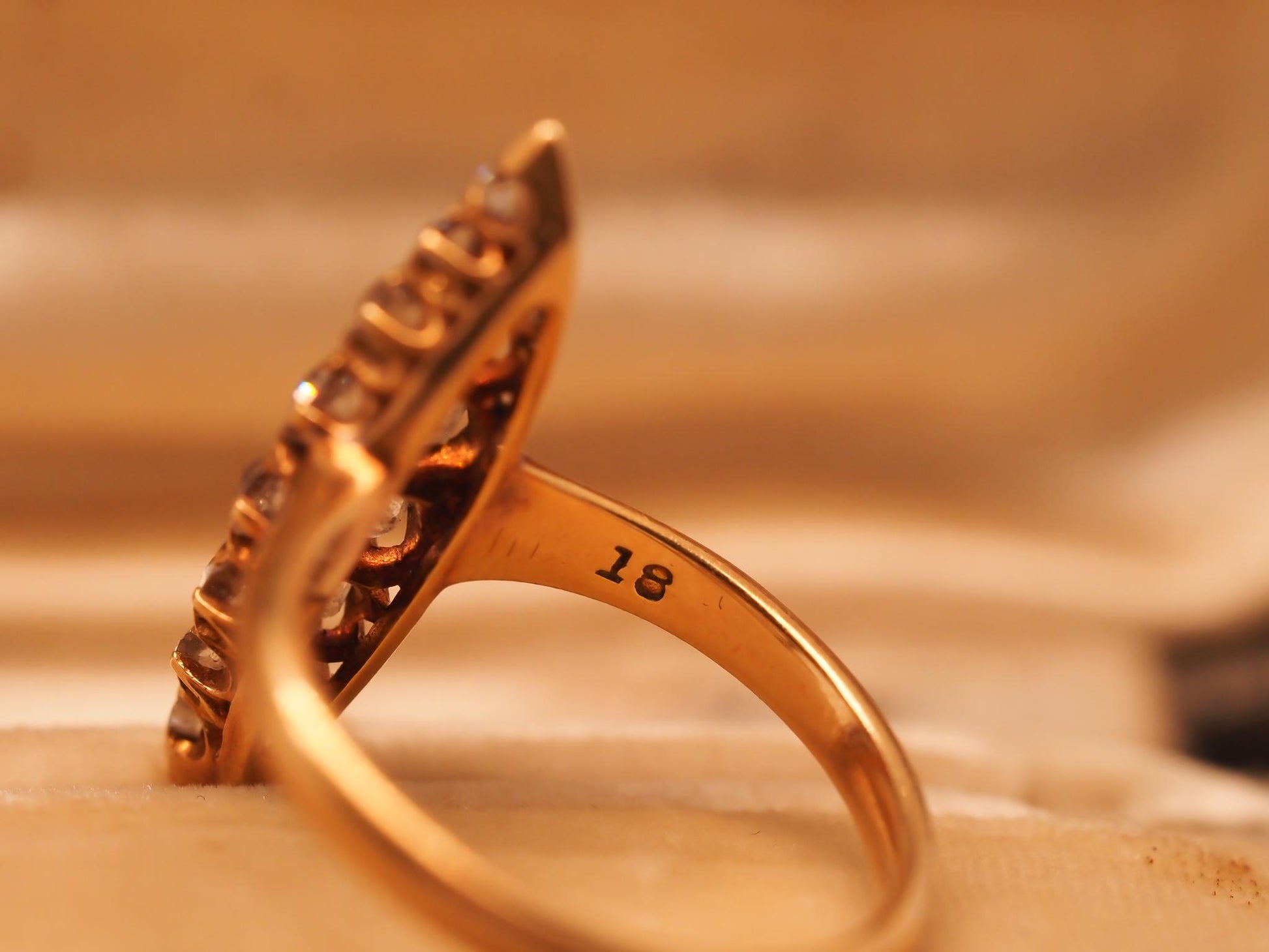 Circa 1900s Edwardian 18K Yellow Gold Navette Ring with Old Mine Diamonds - VHK#
