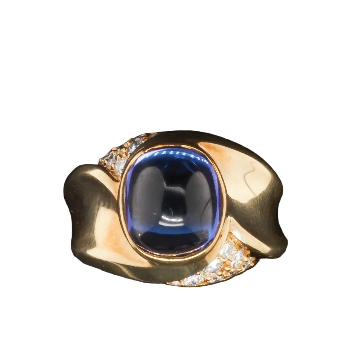Estate 18K Yellow Gold Tanzanite Sugarloaf Cabochon and Diamond Ring - VHK#336c