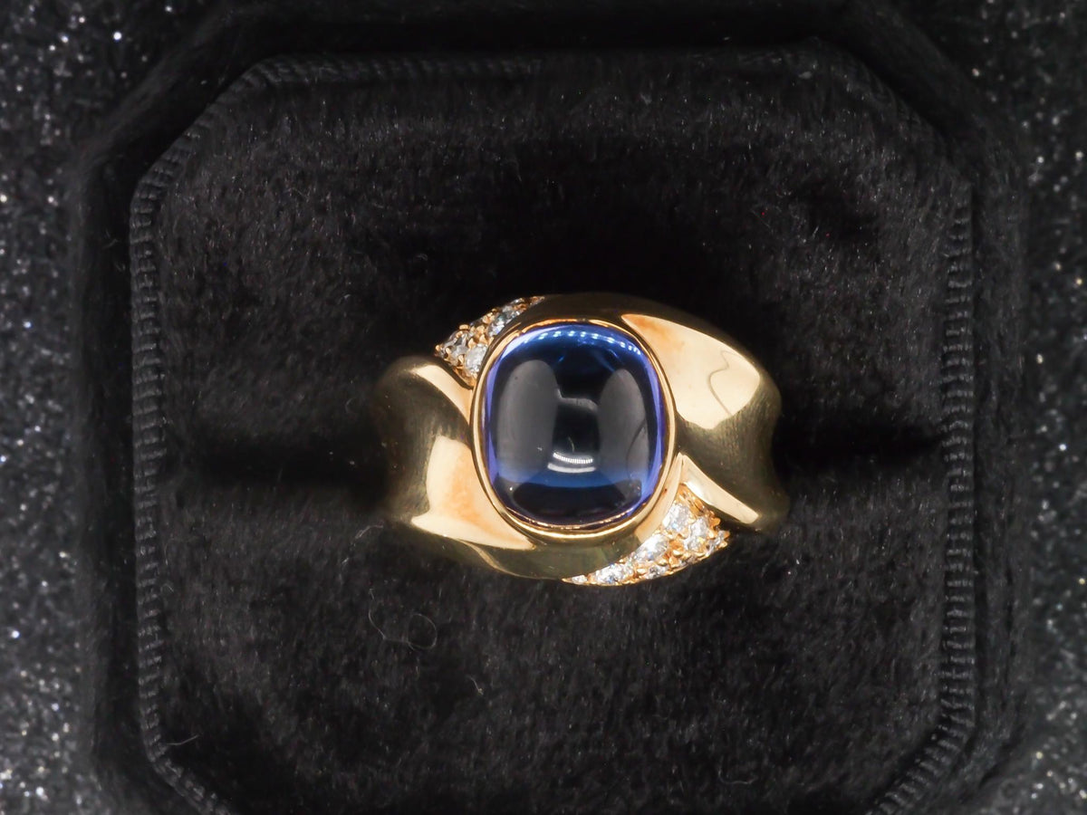Estate 18K Yellow Gold Tanzanite Sugarloaf Cabochon and Diamond Ring - VHK#336c