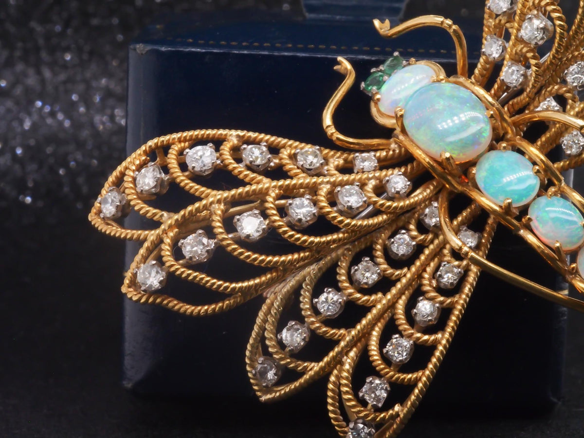 Estate Vintage 18K Yellow Gold Dragon Fly Brooch w Opal, Diamond, Emerald - VHK#