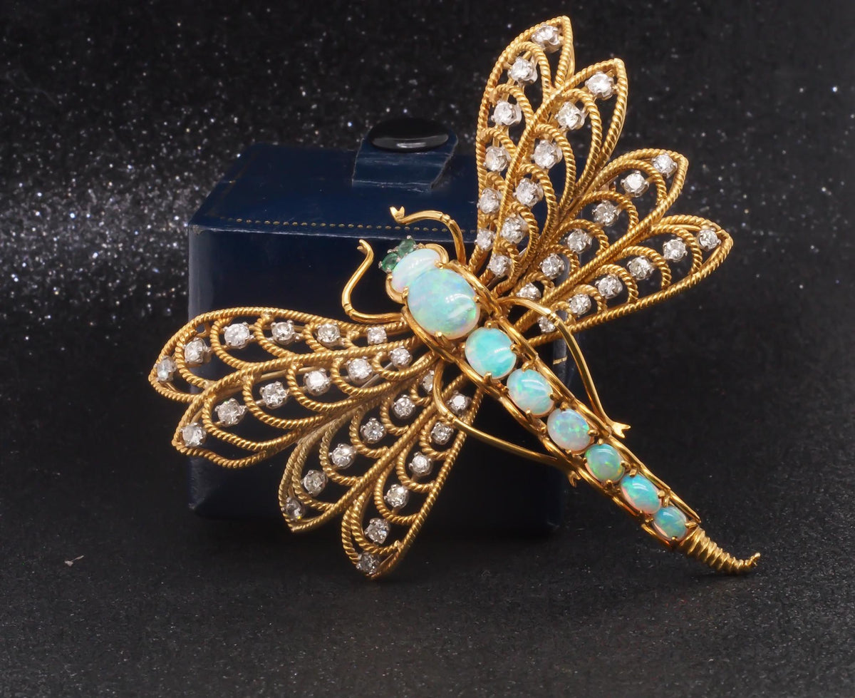 Estate Vintage 18K Yellow Gold Dragon Fly Brooch w Opal, Diamond, Emerald - VHK#