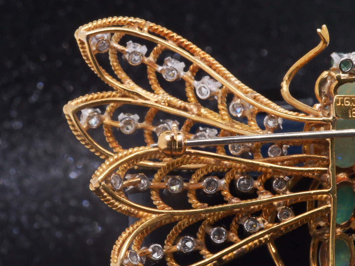 Estate Vintage 18K Yellow Gold Dragon Fly Brooch w Opal, Diamond, Emerald - VHK#