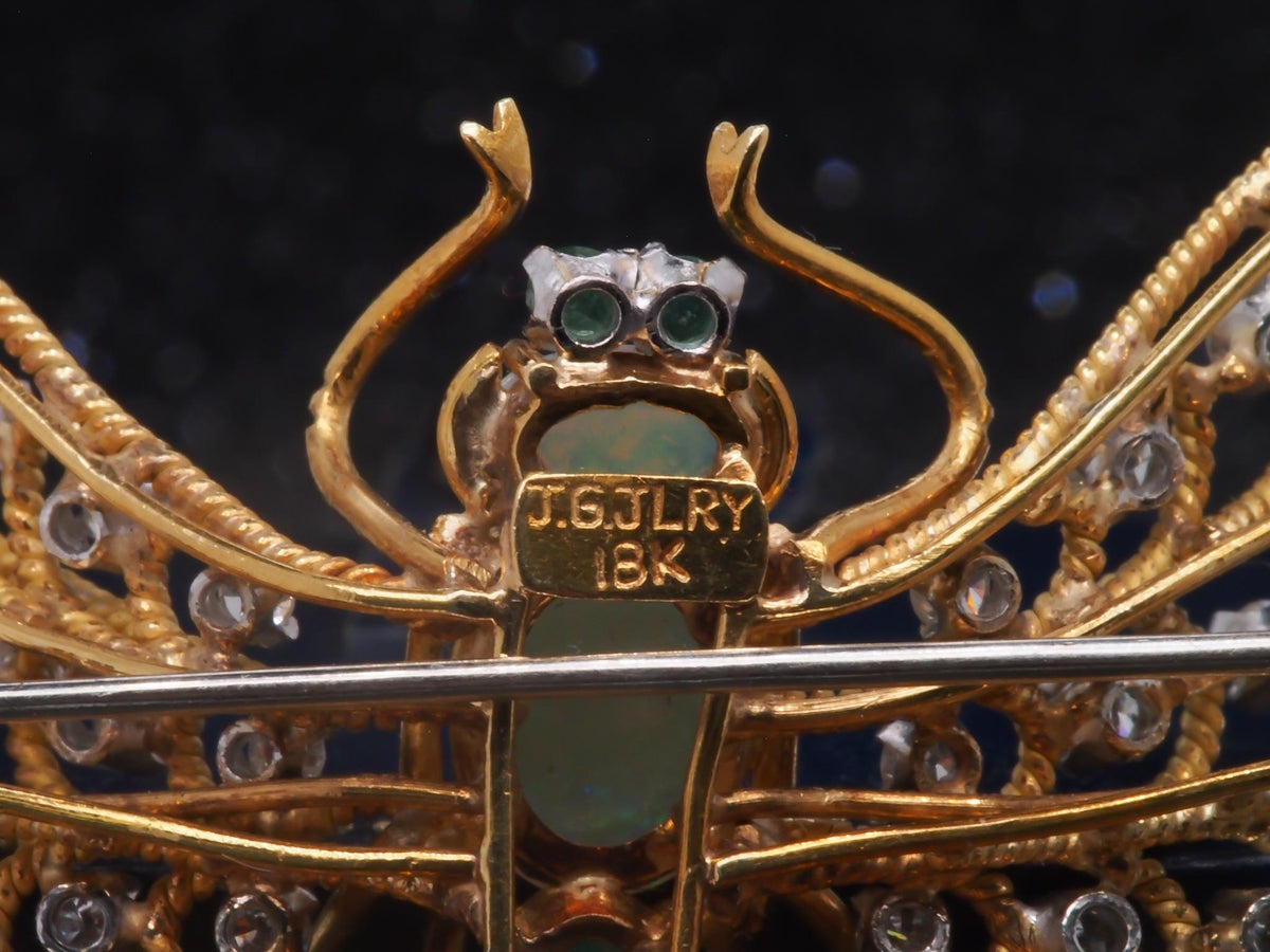 Estate Vintage 18K Yellow Gold Dragon Fly Brooch w Opal, Diamond, Emerald - VHK#