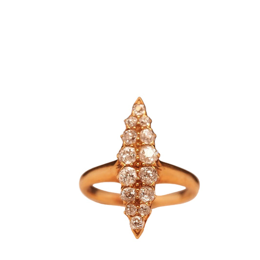 Circa 1900s Edwardian 18K Yellow Gold Navette Ring with Old Mine Diamonds - VHK#