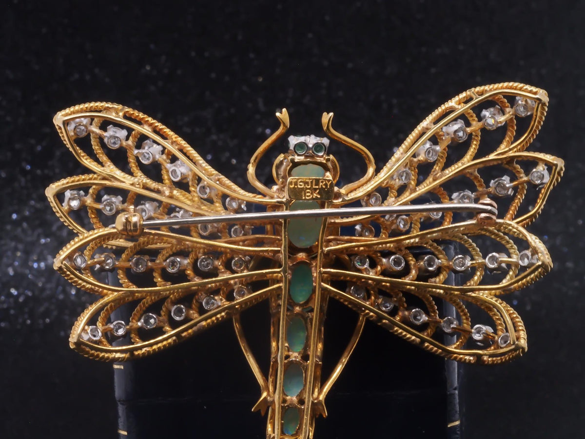 Estate Vintage 18K Yellow Gold Dragon Fly Brooch w Opal, Diamond, Emerald - VHK#