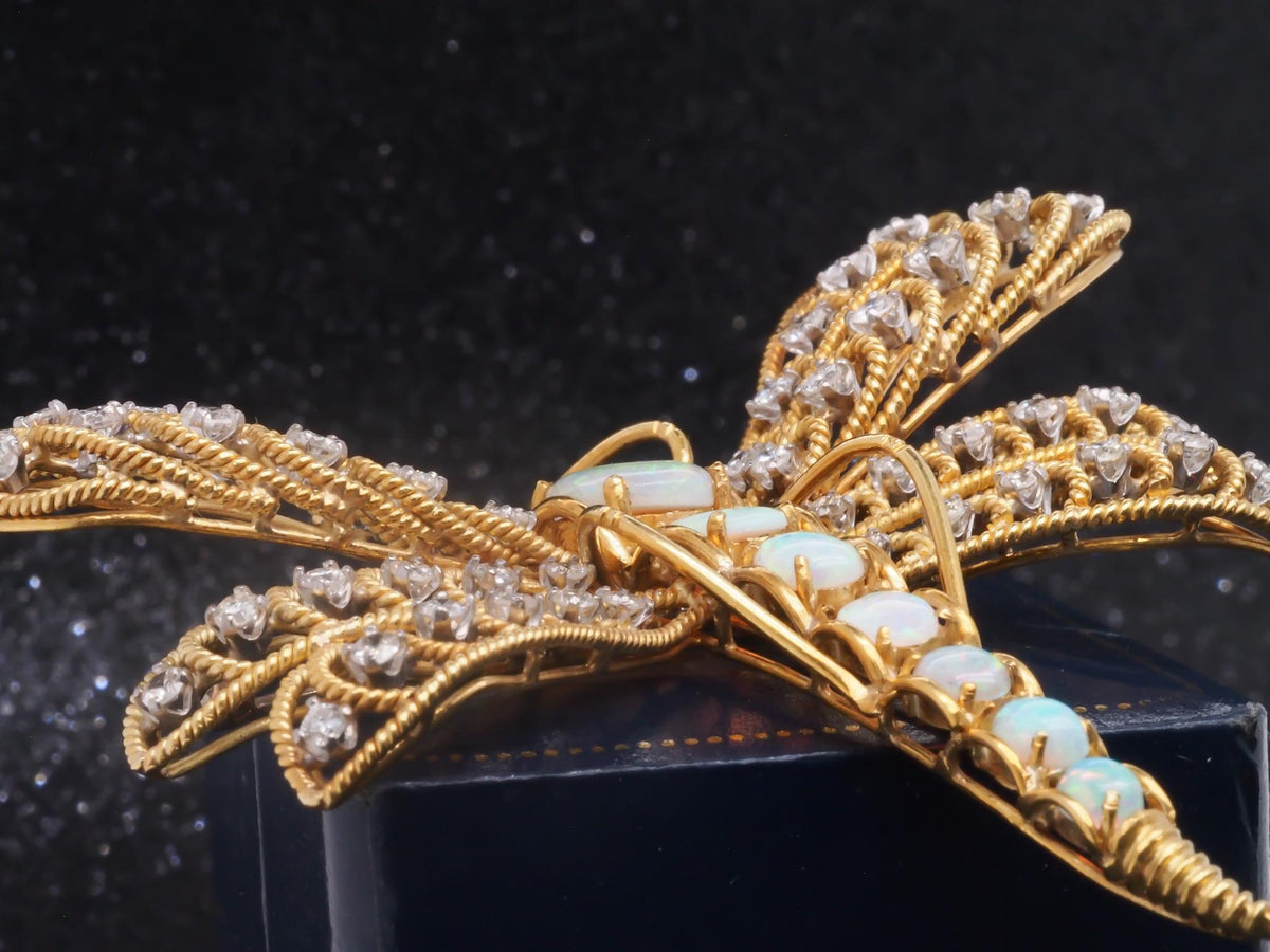 Estate Vintage 18K Yellow Gold Dragon Fly Brooch w Opal, Diamond, Emerald - VHK#