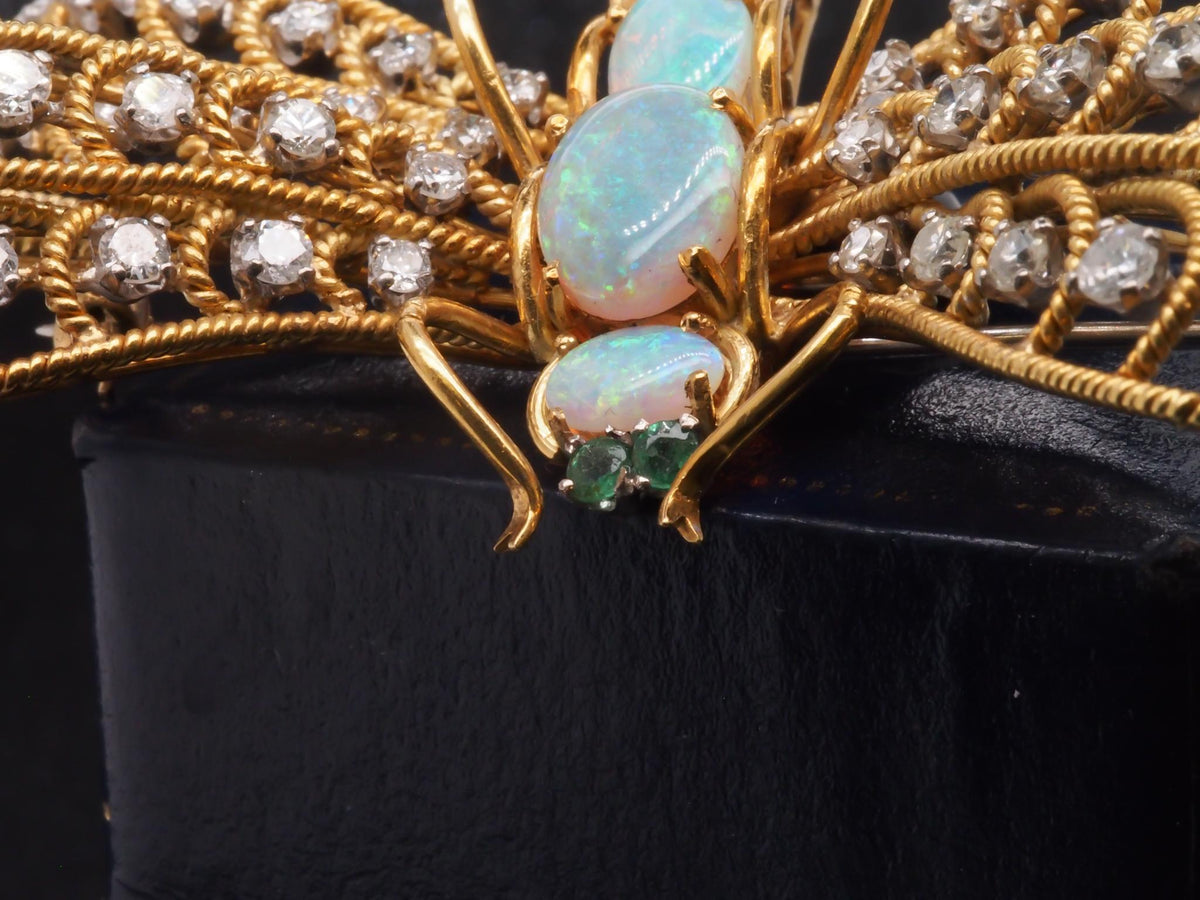 Estate Vintage 18K Yellow Gold Dragon Fly Brooch w Opal, Diamond, Emerald - VHK#