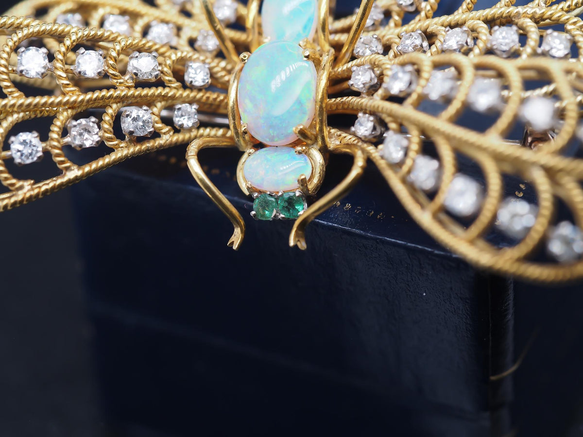 Estate Vintage 18K Yellow Gold Dragon Fly Brooch w Opal, Diamond, Emerald - VHK#