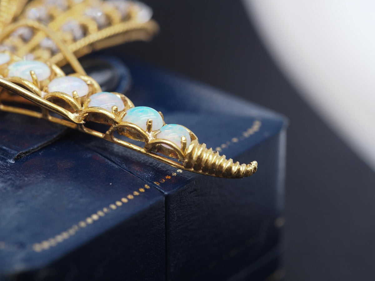 Estate Vintage 18K Yellow Gold Dragon Fly Brooch w Opal, Diamond, Emerald - VHK#