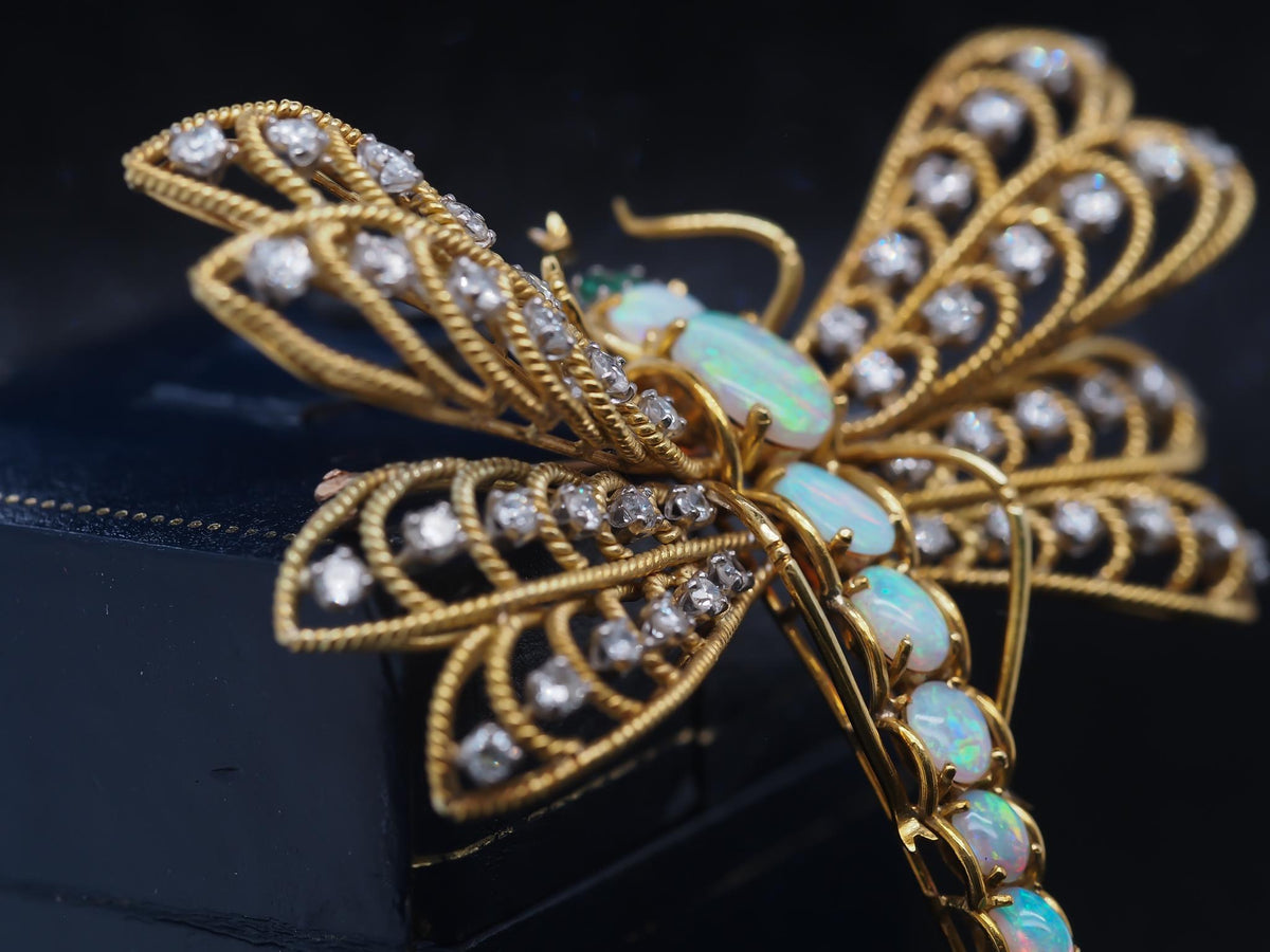 Estate Vintage 18K Yellow Gold Dragon Fly Brooch w Opal, Diamond, Emerald - VHK#