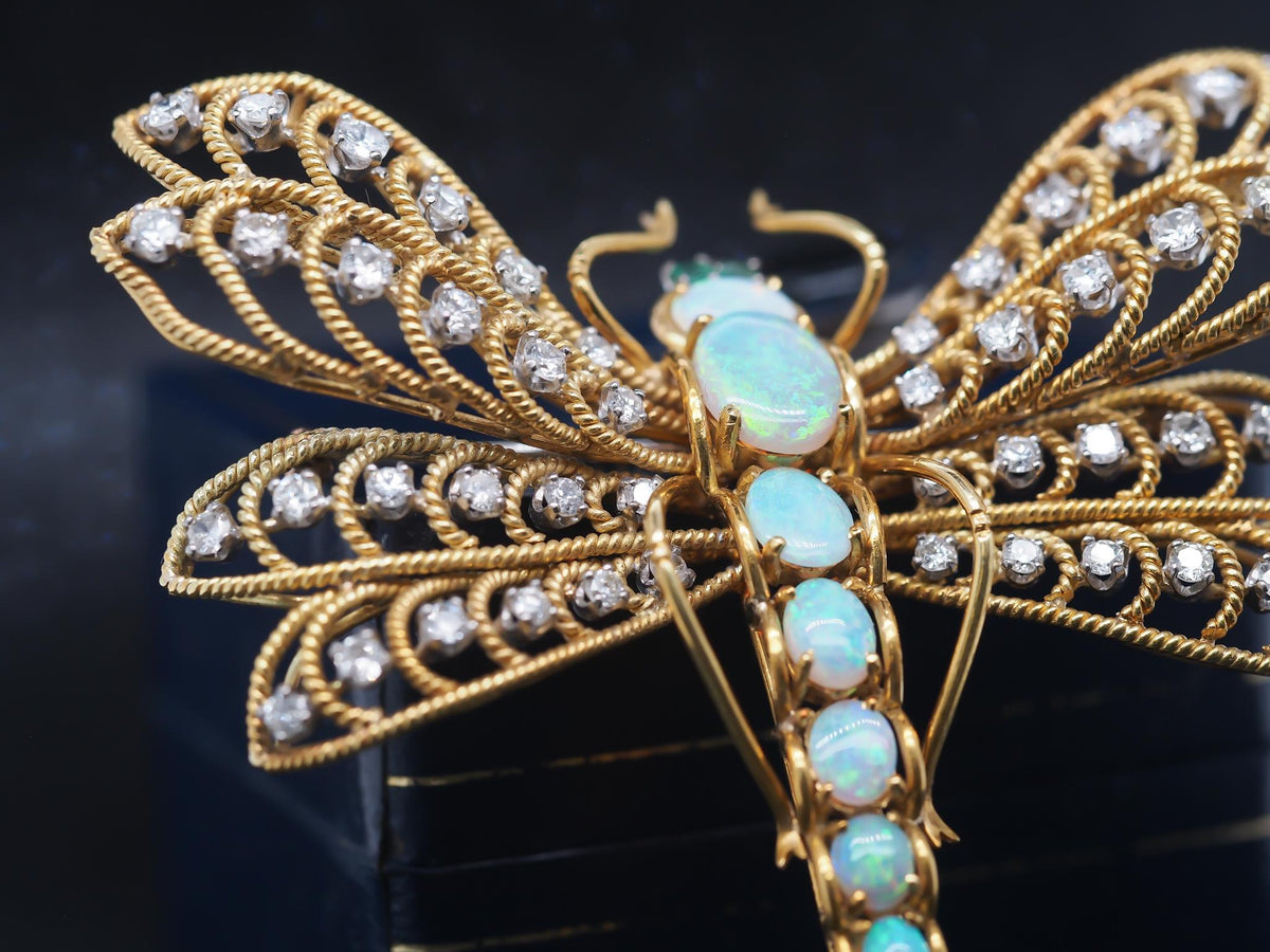 Estate Vintage 18K Yellow Gold Dragon Fly Brooch w Opal, Diamond, Emerald - VHK#