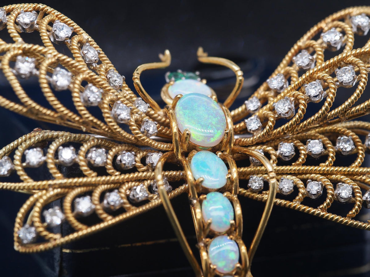 Estate Vintage 18K Yellow Gold Dragon Fly Brooch w Opal, Diamond, Emerald - VHK#