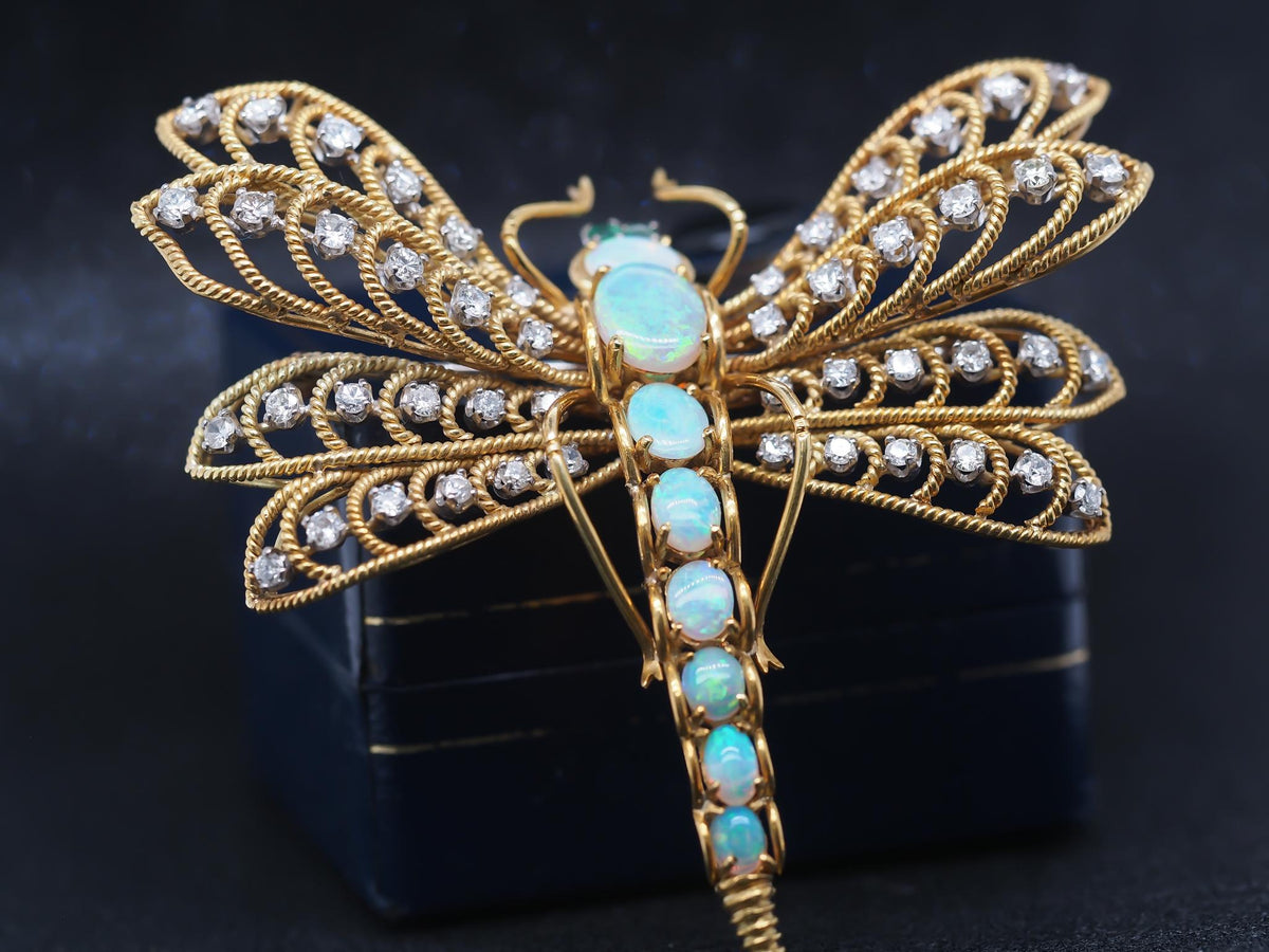 Estate Vintage 18K Yellow Gold Dragon Fly Brooch w Opal, Diamond, Emerald - VHK#