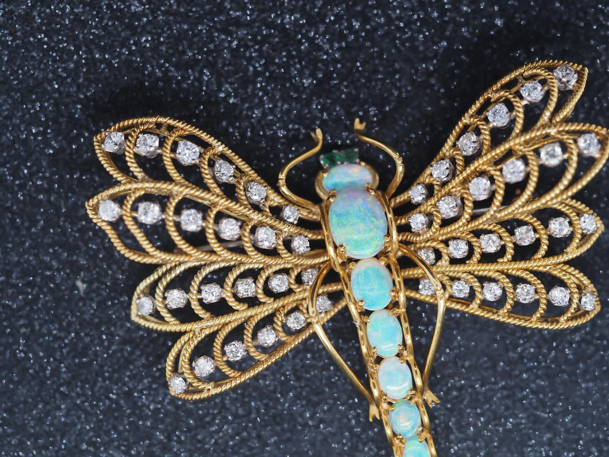 Estate Vintage 18K Yellow Gold Dragon Fly Brooch w Opal, Diamond, Emerald - VHK#