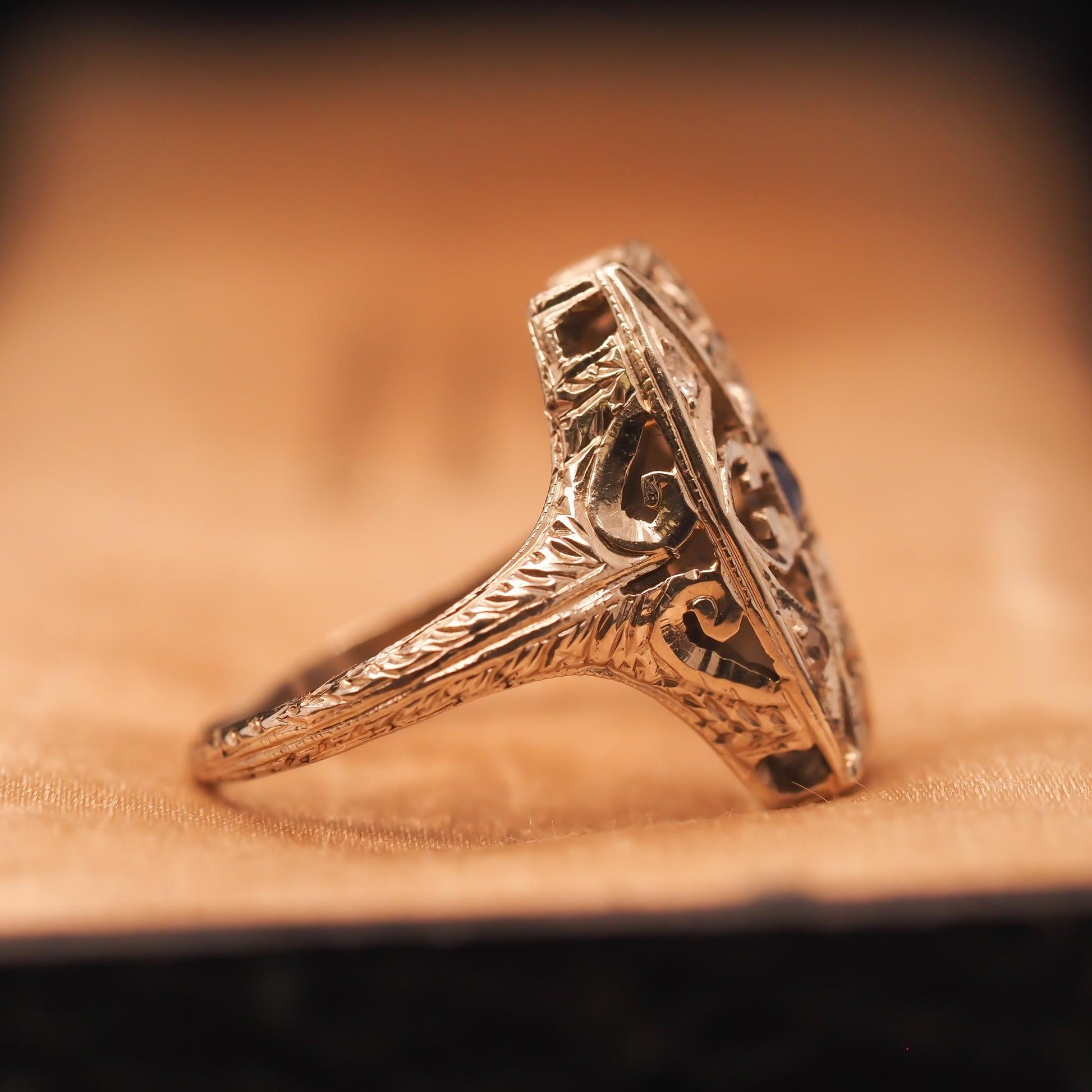 Circa 1930s 18K White Gold Belais Sapphire and Diamond Filigree Ring - VHK#692