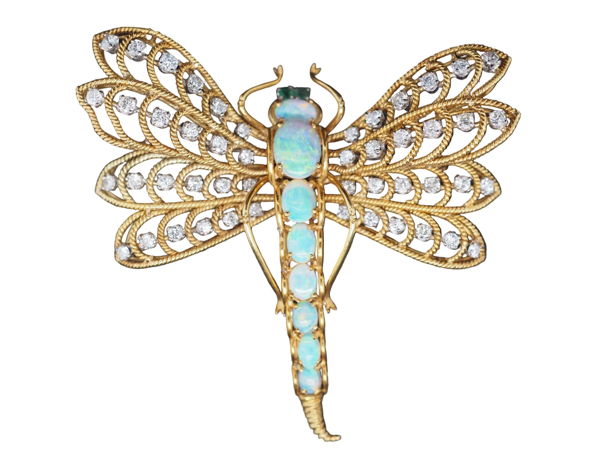 Estate Vintage 18K Yellow Gold Dragon Fly Brooch w Opal, Diamond, Emerald - VHK#