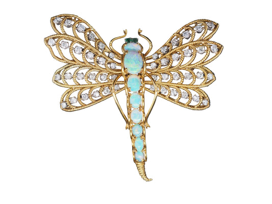 Estate Vintage 18K Yellow Gold Dragon Fly Brooch w Opal, Diamond, Emerald - VHK#