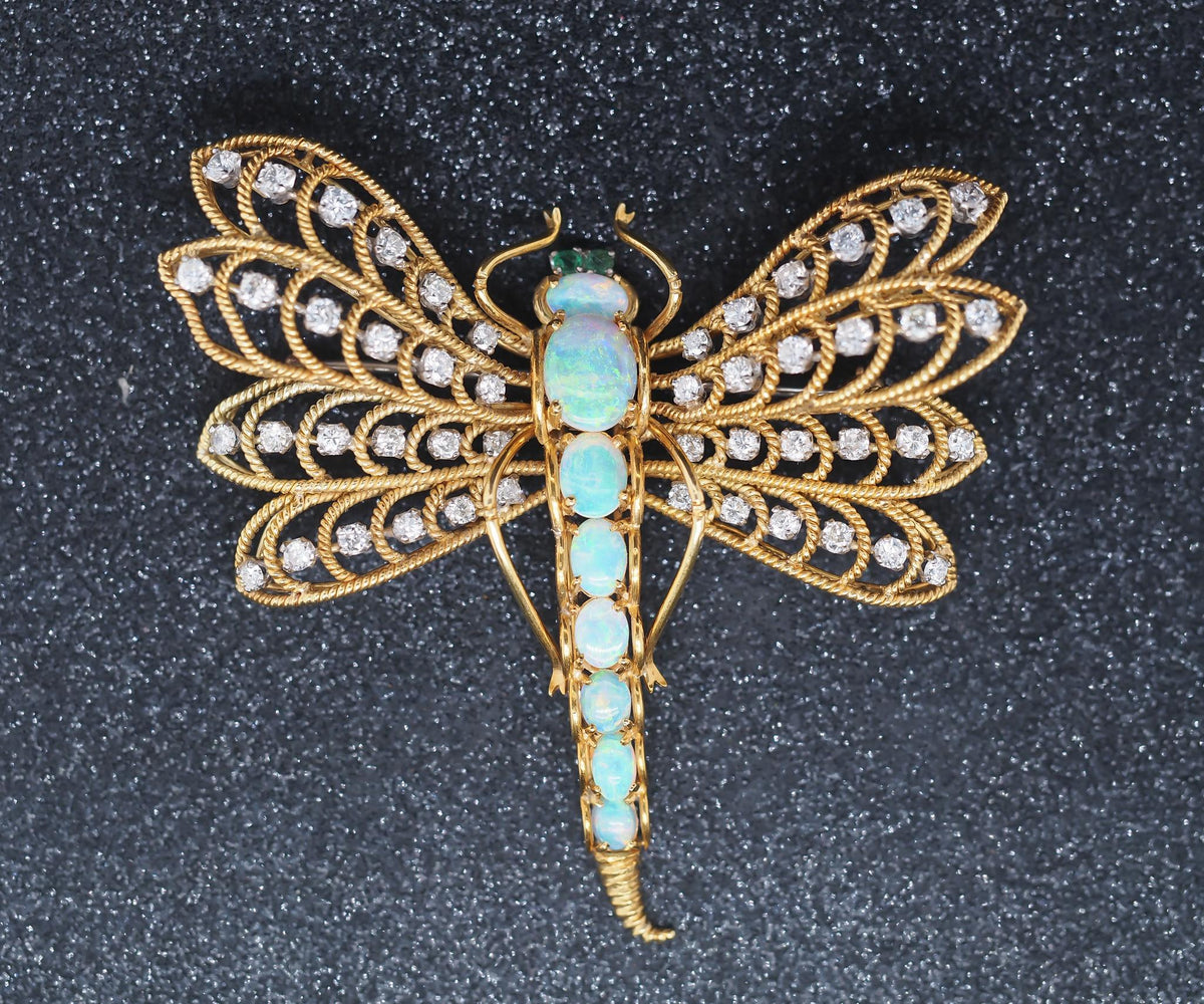 Estate Vintage 18K Yellow Gold Dragon Fly Brooch w Opal, Diamond, Emerald - VHK#