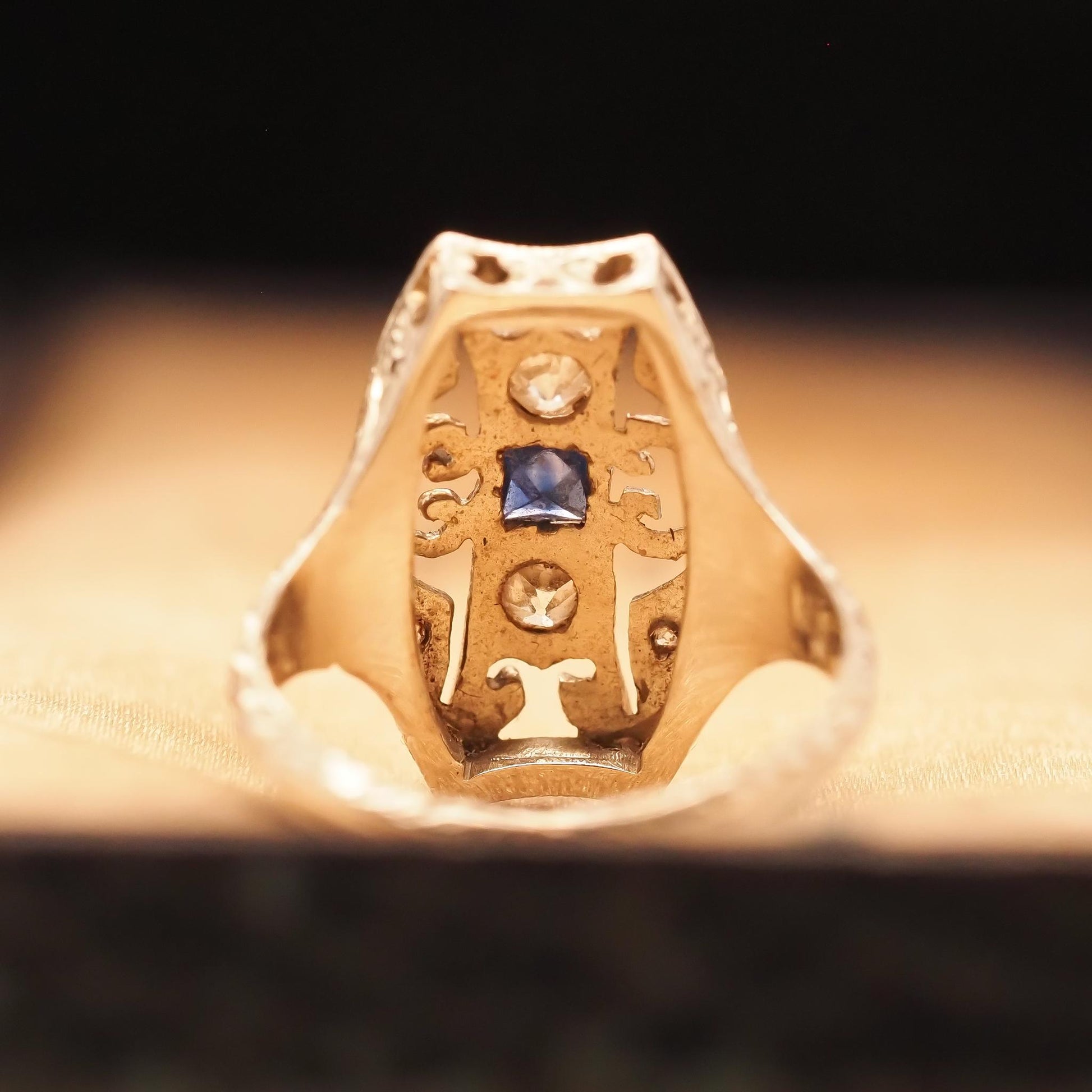 Circa 1930s 18K White Gold Belais Sapphire and Diamond Filigree Ring - VHK#692