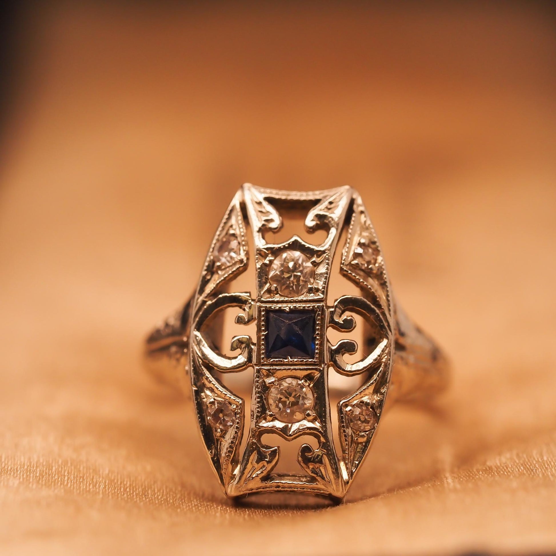 Circa 1930s 18K White Gold Belais Sapphire and Diamond Filigree Ring - VHK#692