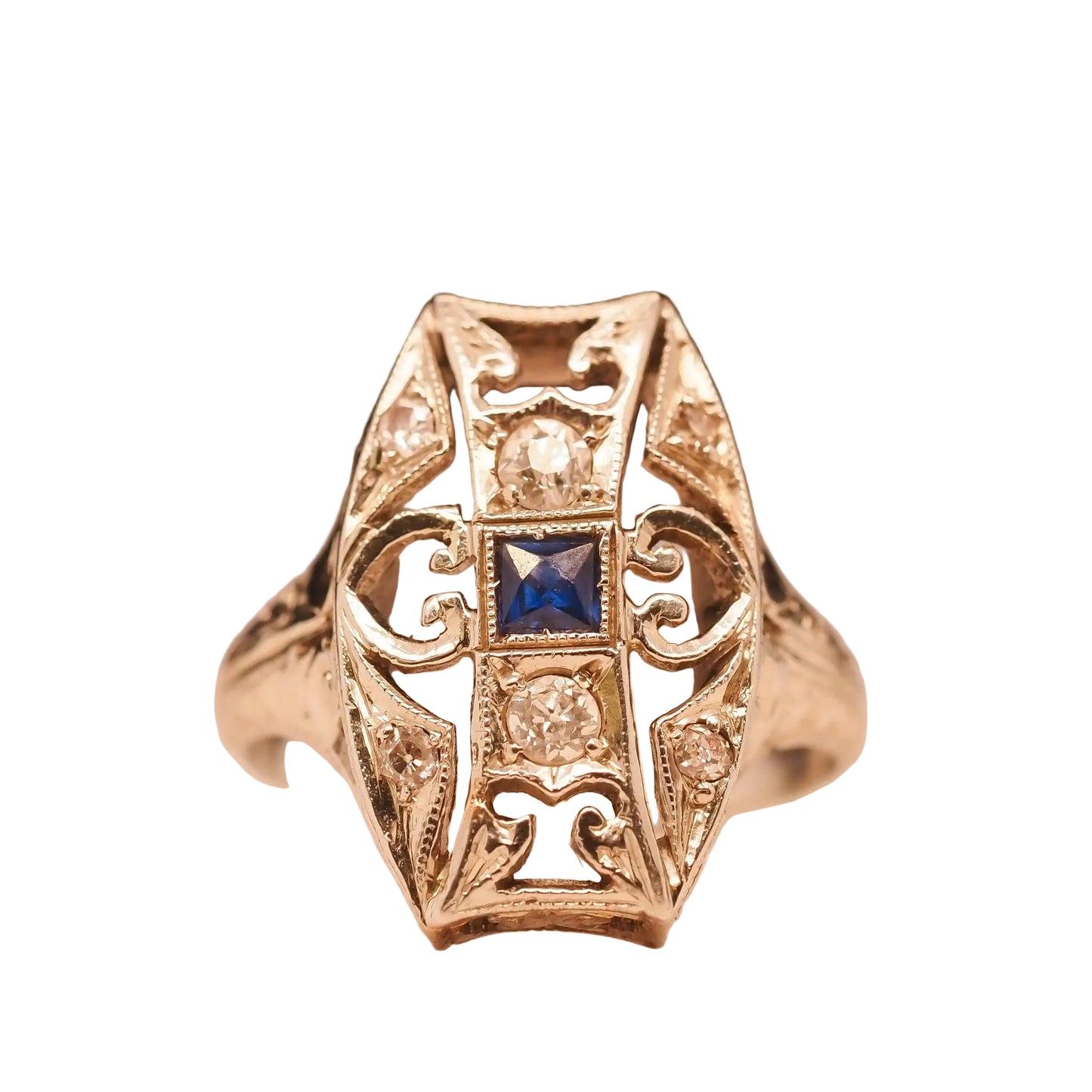 Circa 1930s 18K White Gold Belais Sapphire and Diamond Filigree Ring - VHK#692