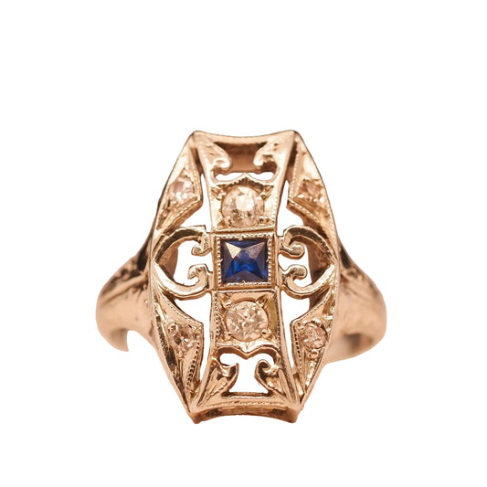 Circa 1930s 18K White Gold Belais Sapphire and Diamond Filigree Ring - VHK#692