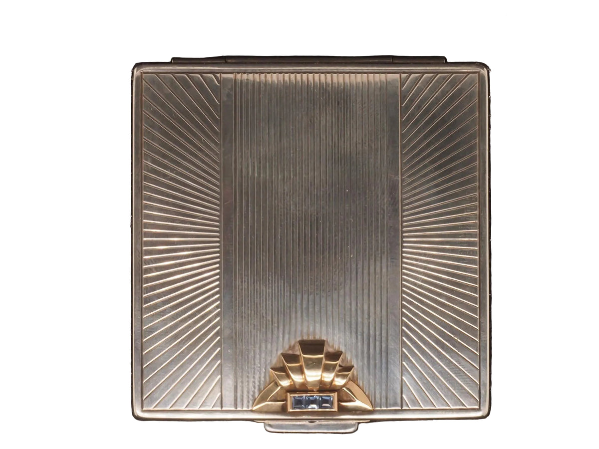 Estate 1930s Art Deco CARTIER 14K Gold and Silver Mirror Compact with Sapphires