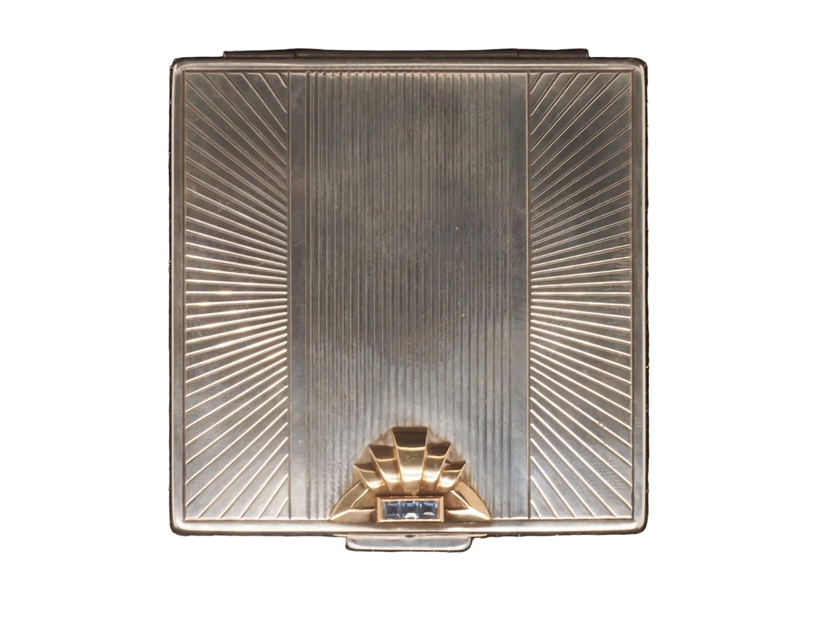 Estate 1930s Art Deco CARTIER 14K Gold and Silver Mirror Compact with Sapphires