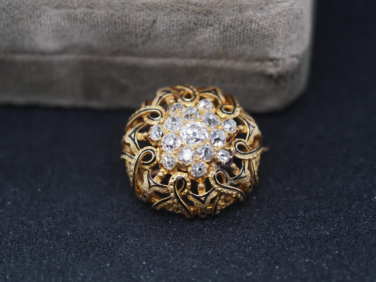 Estate Victorian 18K Yellow Gold Old Mine Diamond Cluster Brooch - VHK#361a