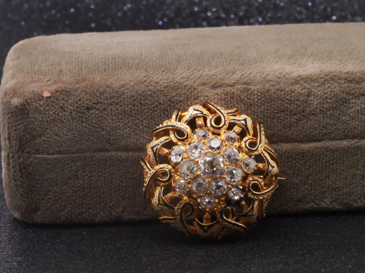 Estate Victorian 18K Yellow Gold Old Mine Diamond Cluster Brooch - VHK#361a