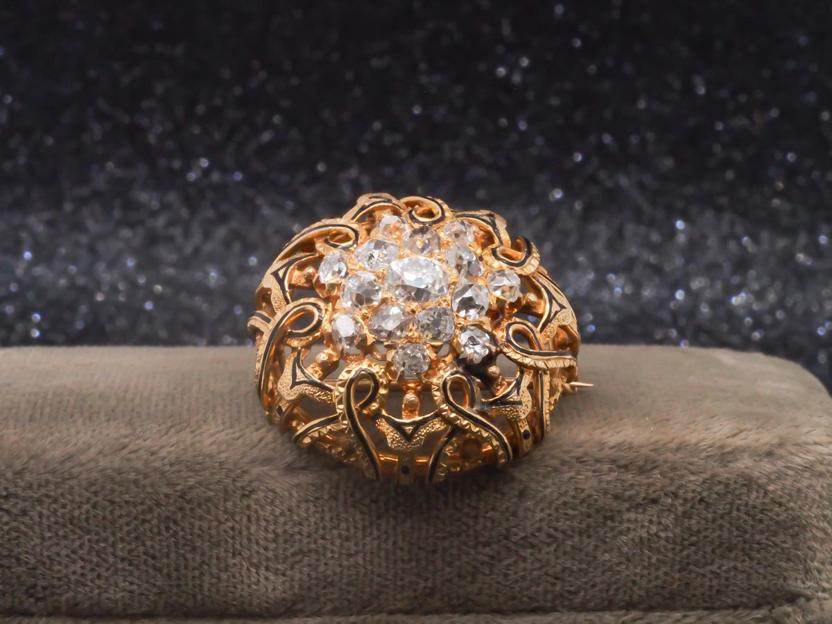 Estate Victorian 18K Yellow Gold Old Mine Diamond Cluster Brooch - VHK#361a