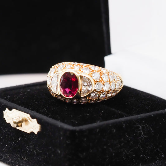 18K Yellow Gold Vintage FOUGERAY Ruby and Diamond Ring with GIA