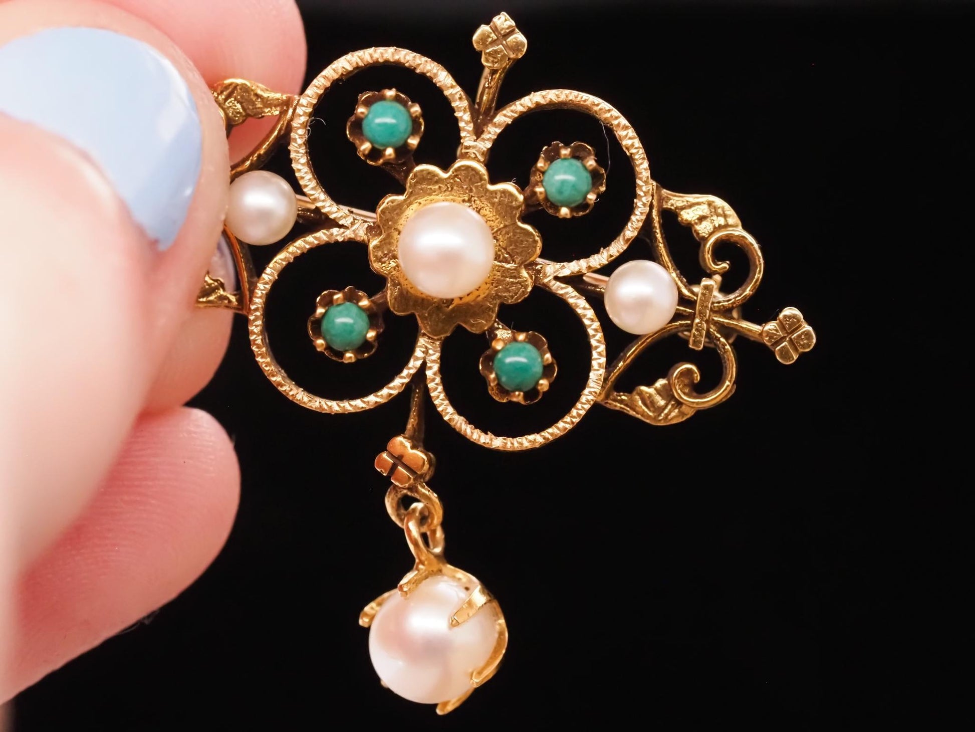 1950s 14K Yellow Gold Pearl and Turquoise Brooch and Pendant - VHK#705
