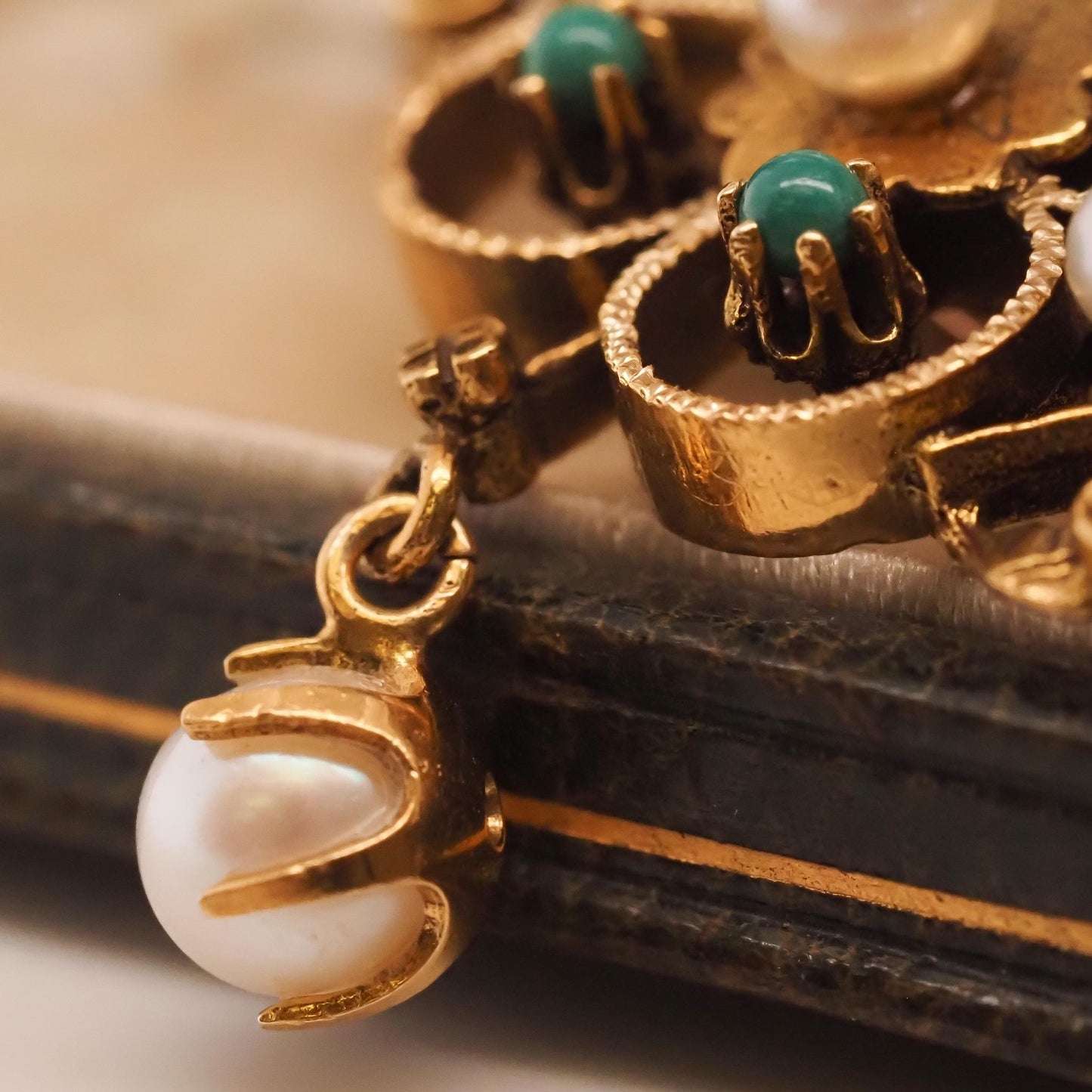 1950s 14K Yellow Gold Pearl and Turquoise Brooch and Pendant - VHK#705